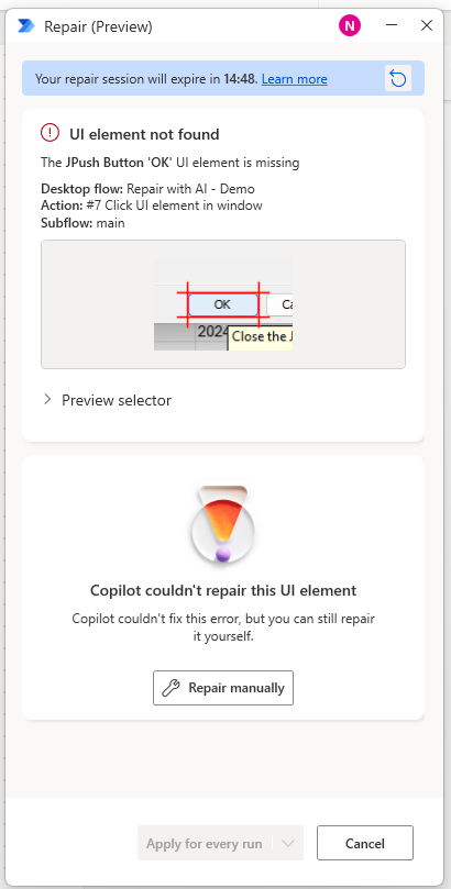 Screenshot showing Copilot couldn't locate the UI element.